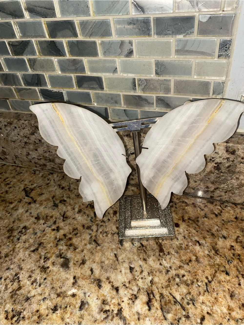 Quartz Crystal raw Butterfly Wing Sculpture - Grey & Cream Accents